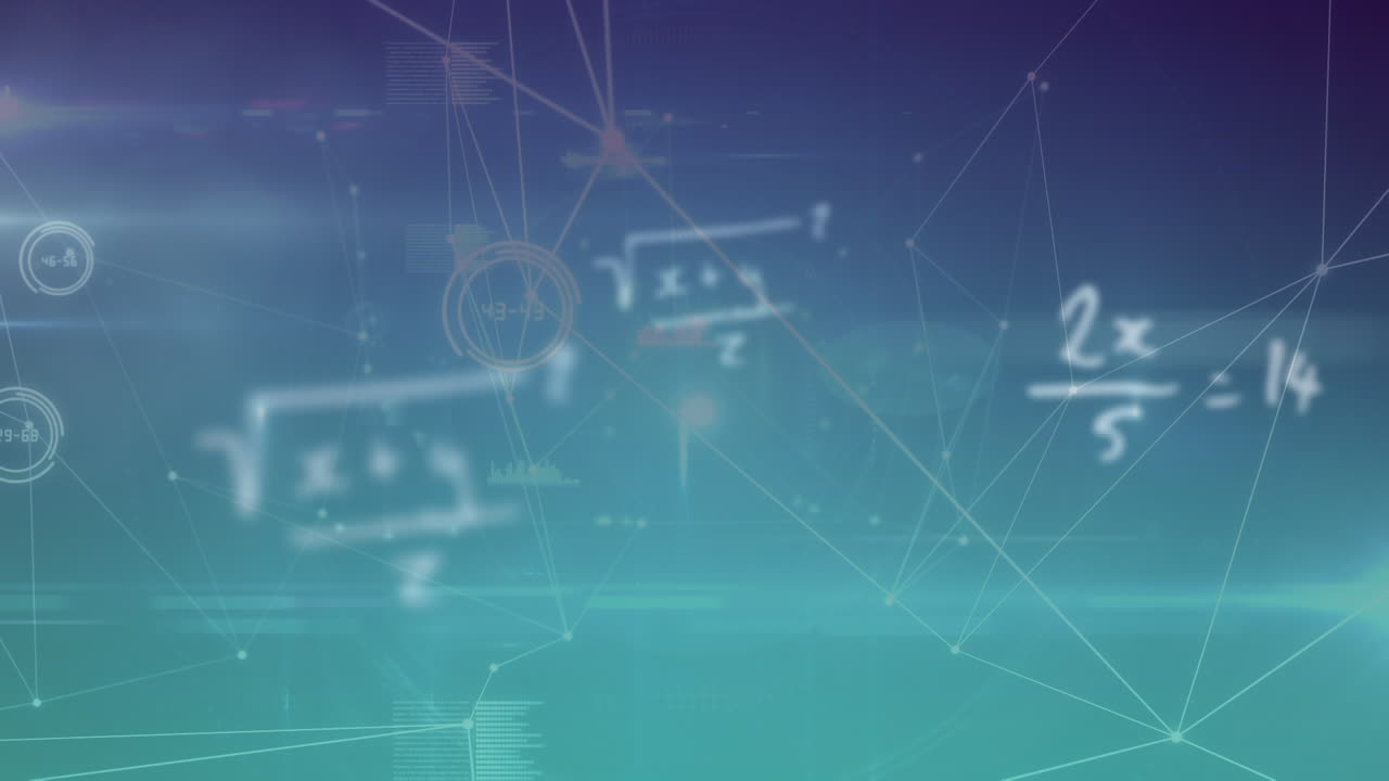 animación de la red de conexiones y fórmulas matemáticas sobre fondo azul