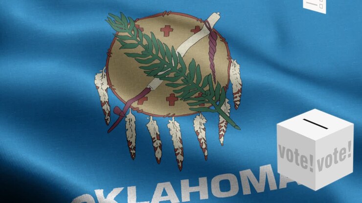 State of Oklahoma - Ballots fly to box for Oklahoma selection - Ballot box in front of flag - Election - Vote - National flag Oklahoma State wave Pattern loopable Elements - Fabric texture and endless loop - Oklahoma State Loopable Flag