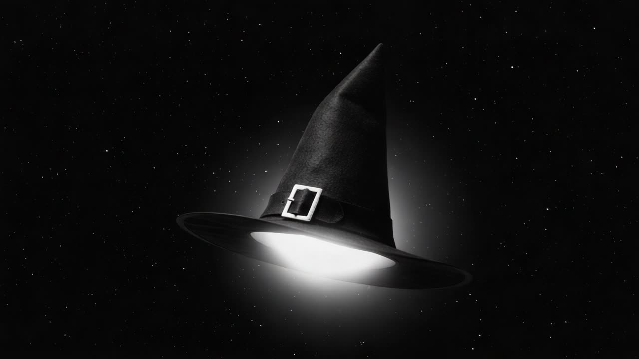 A Mysterious Black Witch Hat Suspended in Space Against a Starry Background, Capturing the Essence of Magic and Enchantment in the Dark Universe