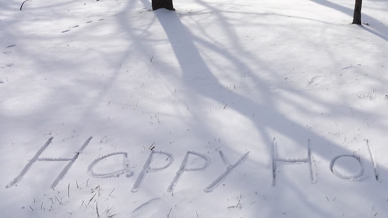 雪に書かれたハッピーホリデーの文字。冬の撮影。