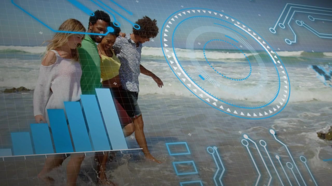 Friends entering surf, moving while blue tech HUD overlaying showing circular UI bar chart for fun