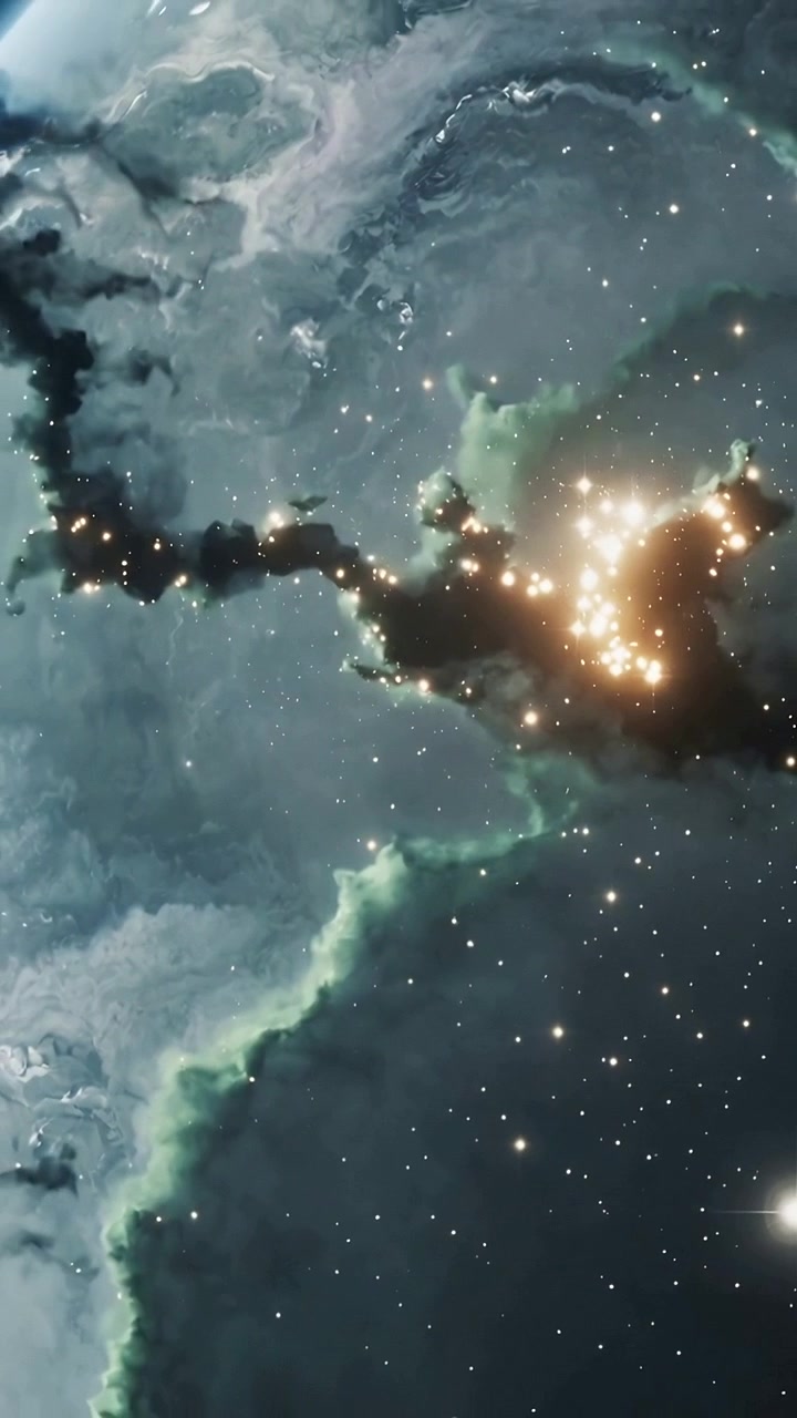 Video vertikal: Kamera menggeser nebula jalur debu gelap dan gugusan bintang di luar angkasa, menampilkan tepi planet.