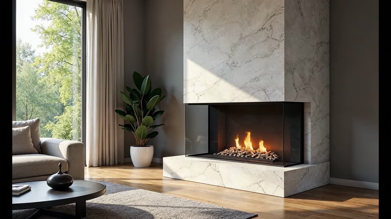세련 된 거실 에 있는 현대적 인 대리석 벽난로