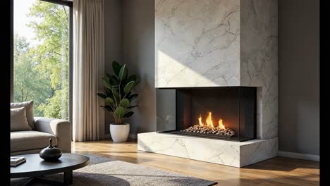 modern marble fireplace in a stylish living room