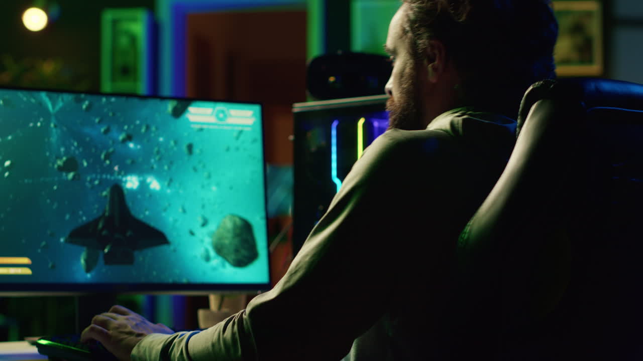 Man shooting asteroids in spaceship flying singleplayer game