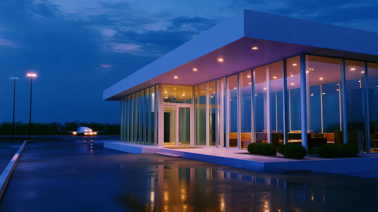 A Contemporary Architectural Marvel Captured at Night, Showcasing a Stylish Glass Facade, Illuminated Interior, and Reflective Wet Surface, Emphasizing Modern Design and Serenity in an Urban Environment