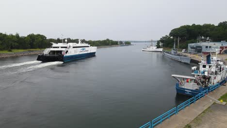 the lake express ferry with rising motion as it arrives in muskegon lake