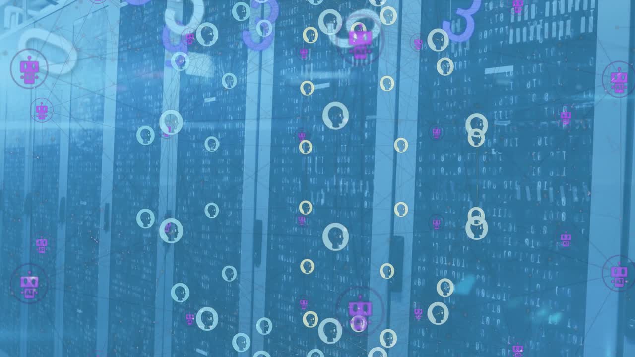Animation of changing numbers, icons globe over abstract patterns on server room