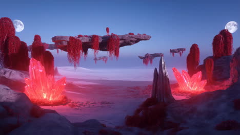 otherworldly landscape with glowing red crystals and floating islands