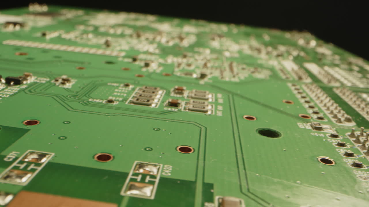 Detailed macro dolly of a beautiful circuit board in a dark studio
