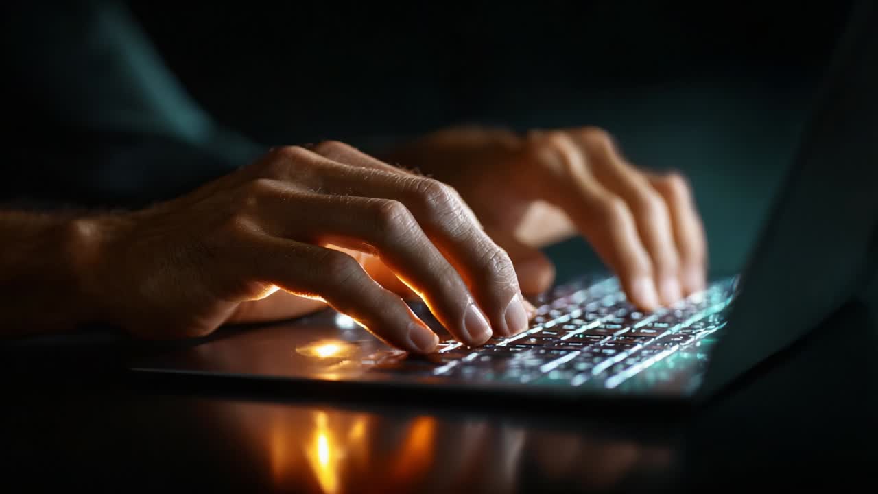 Primo piano di mani che digitano su una tastiera di laptop in un ambiente scarsamente illuminato, che mostra i tasti illuminati e riflette un focus sulla tecnologia e l'interazione digitale in uno spazio di lavoro moderno