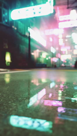 cyberpunk city at night: neon lights and reflections