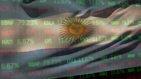 Animation-of-stock-market-data-processing-over-waving-argentina-flag-against-black-background