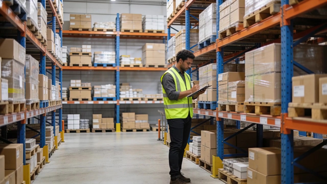Un lavoratore con giubbotto di sicurezza percorre un corridoio tra gli scaffali, fermandosi a consultare un tablet e registrare etichette.