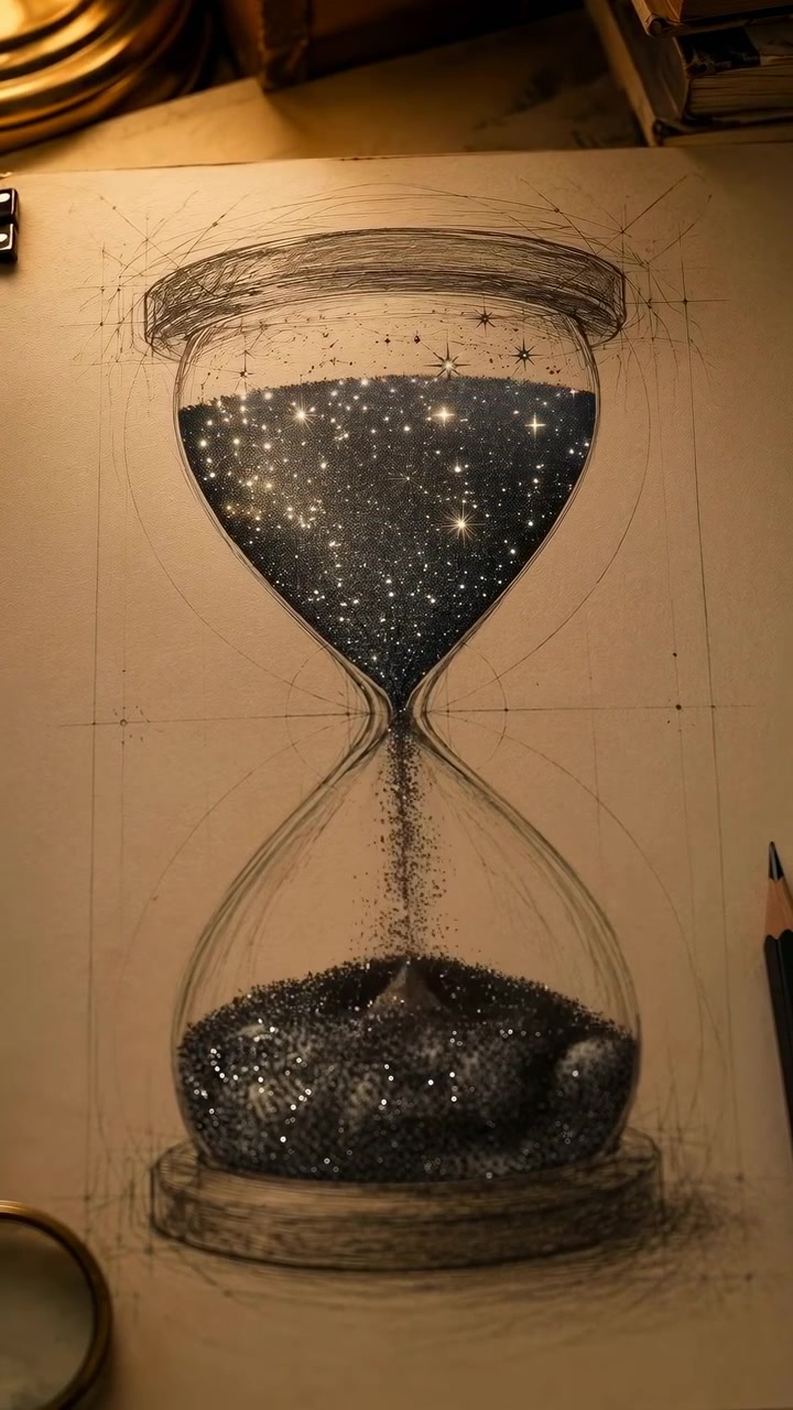Centered vertical drawing of detailed pencil and ink hourglass showing glittering dark sand flowing from upper bulb through narrow neck into lower bulb, with textured paper, warm shadows, gentle glow