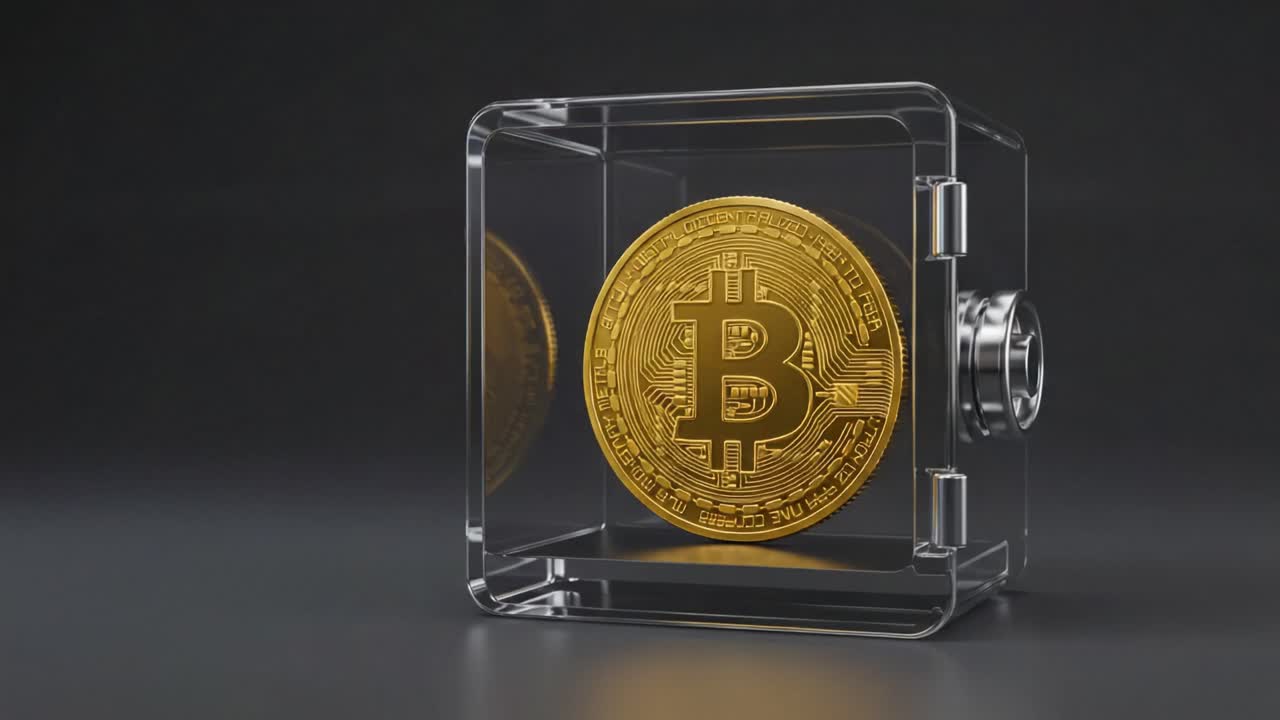 A Glimpse into the Secure World of Cryptocurrency: A Golden Bitcoin Safely Encased in a Transparent Secure Box for Protection and Preservation of Digital Wealth