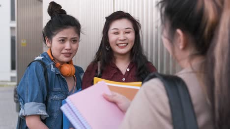 university students talking and having fun together after having classes on the college campus.