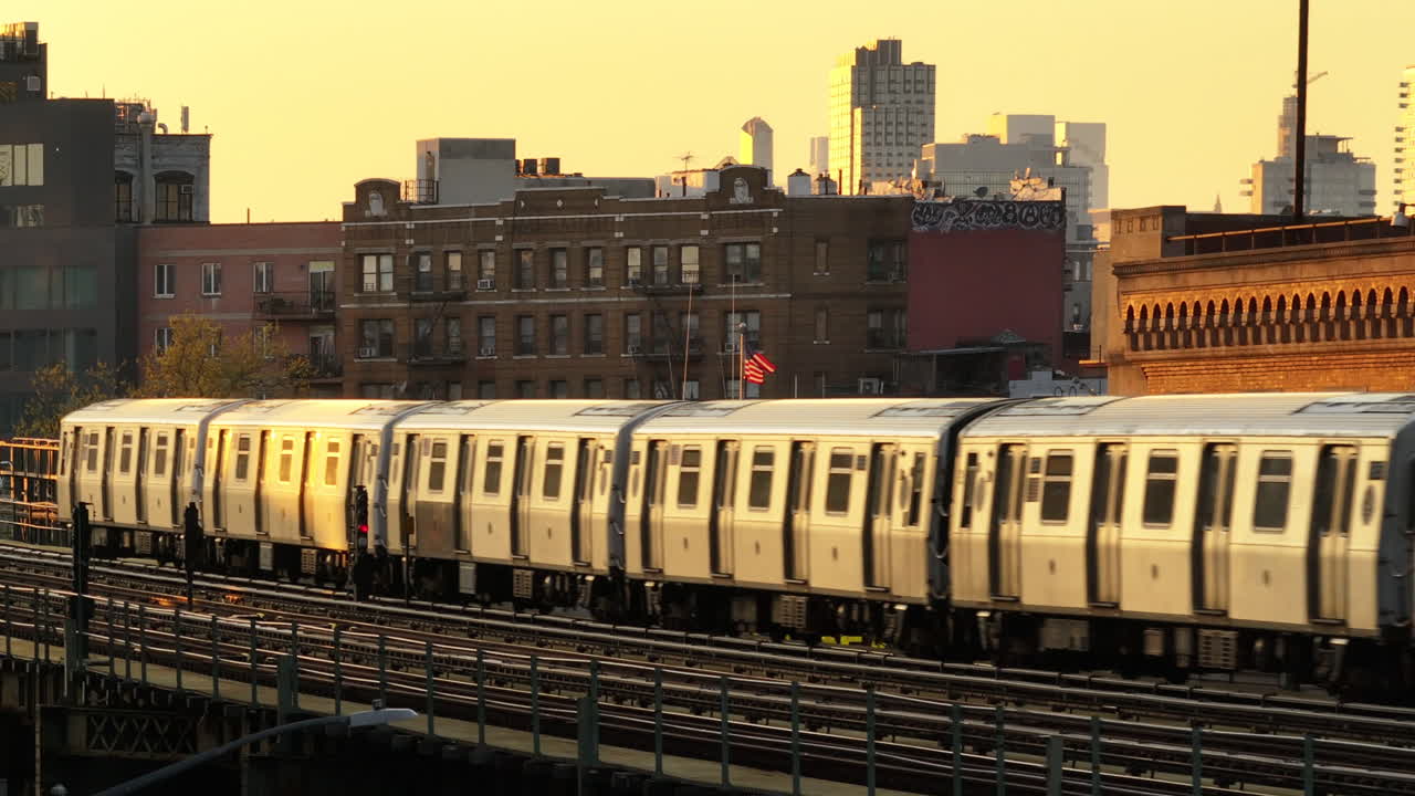 Aerial view of the subway in Brooklyn. Shot at dusk on a spring day.