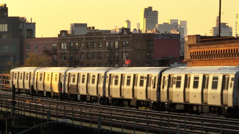 aerial view of the subway in brooklyn. shot at dusk on a spring day.
