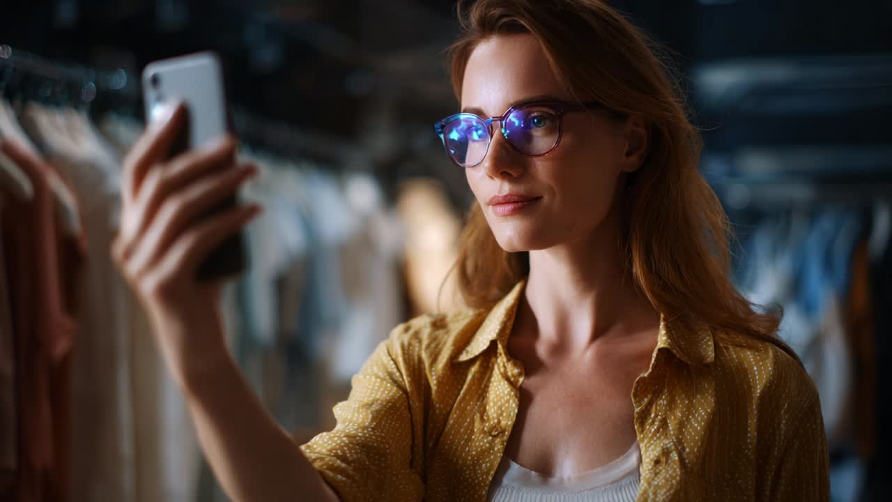 A young woman wearing glasses takes a selfie with her smartphone in a well-lit clothing store, showcasing contemporary fashion designs and vibrant colors highlighting her fashionable style and confidence