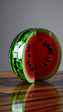 hand holding a slice of watermelon on a wooden table