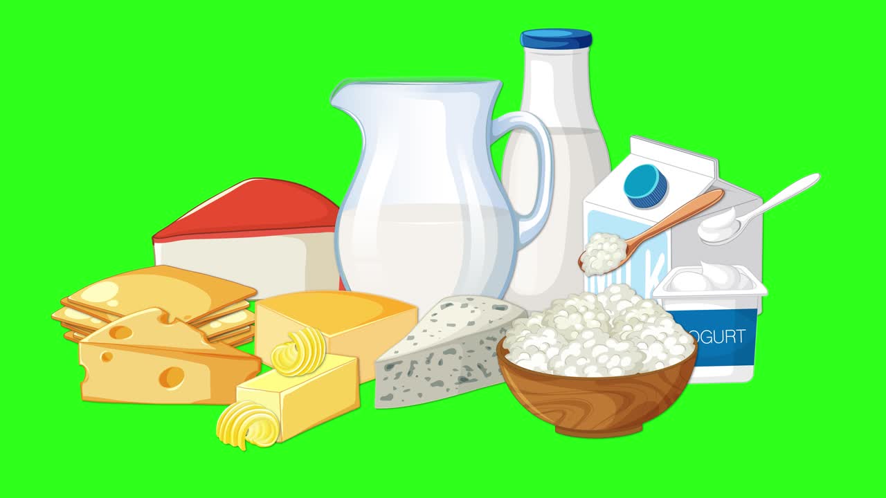 A variety of dairy products, including milk, cheese, butter, and yogurt, smoothly transition in a looping animation with a vibrant green background