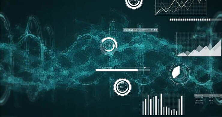 Interface fading in, turquoise waveform powering concentric ring meters animating real-time data