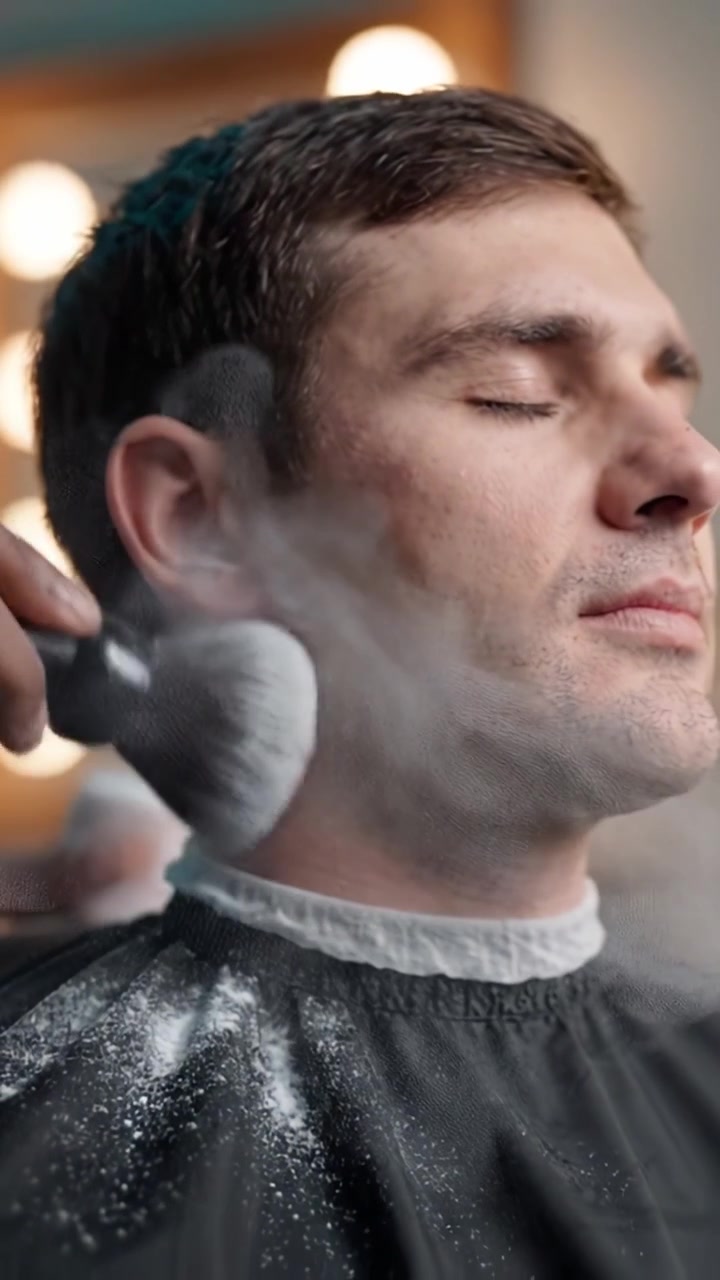 En afslappende plejeoplevelse: En mand nyder en professionel barbering og klipning i en barbershop med afslappende atmosfære og ekspertteknikker.