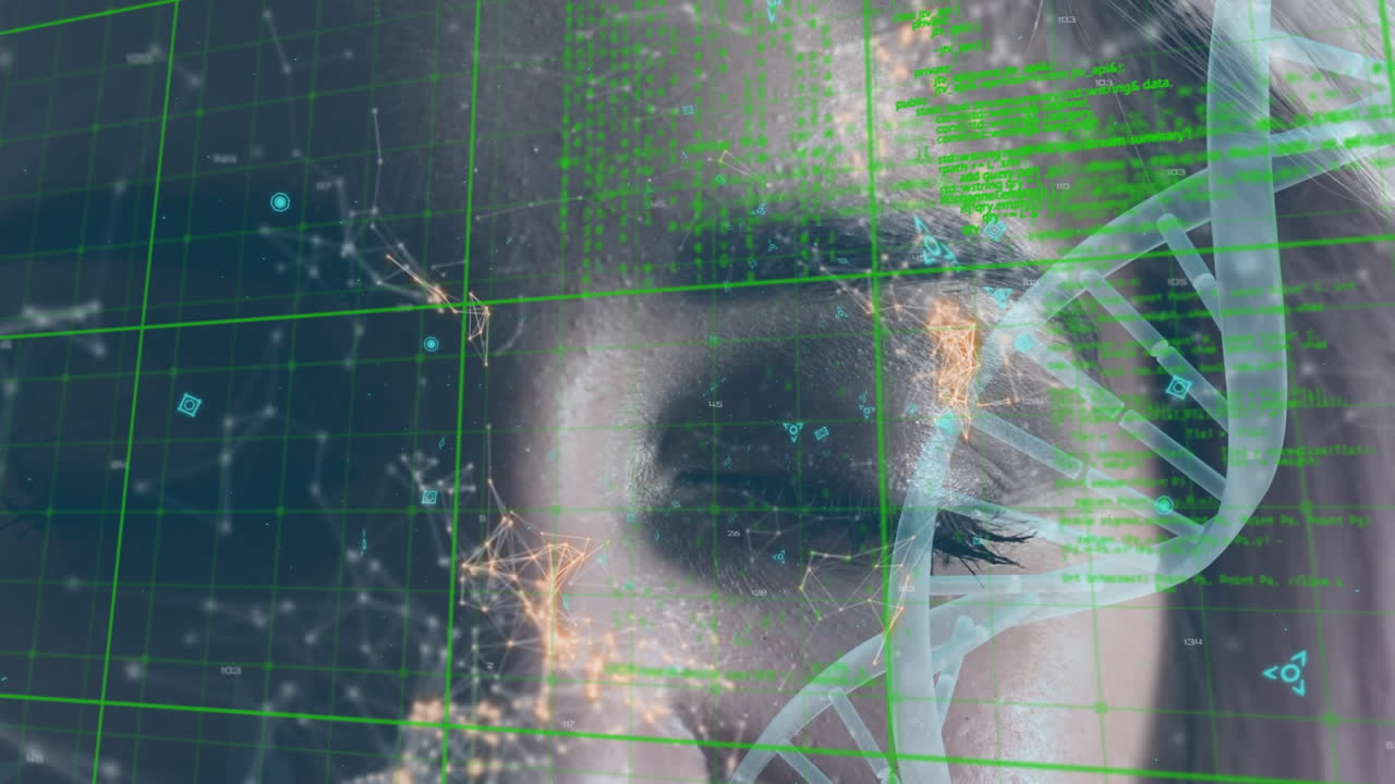 animación de procesamiento de datos y cadena de adn en 3d girando sobre la cara de una mujer caucásica
