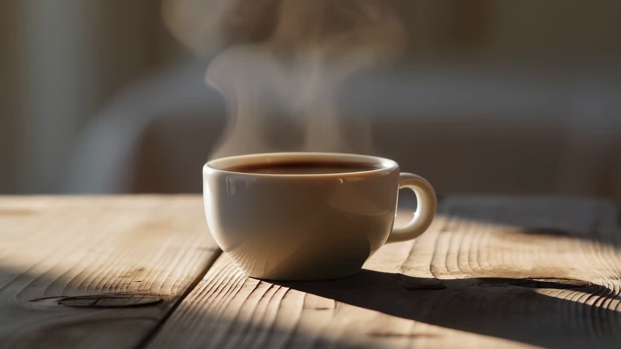 taza de café humeante en una mesa de madera