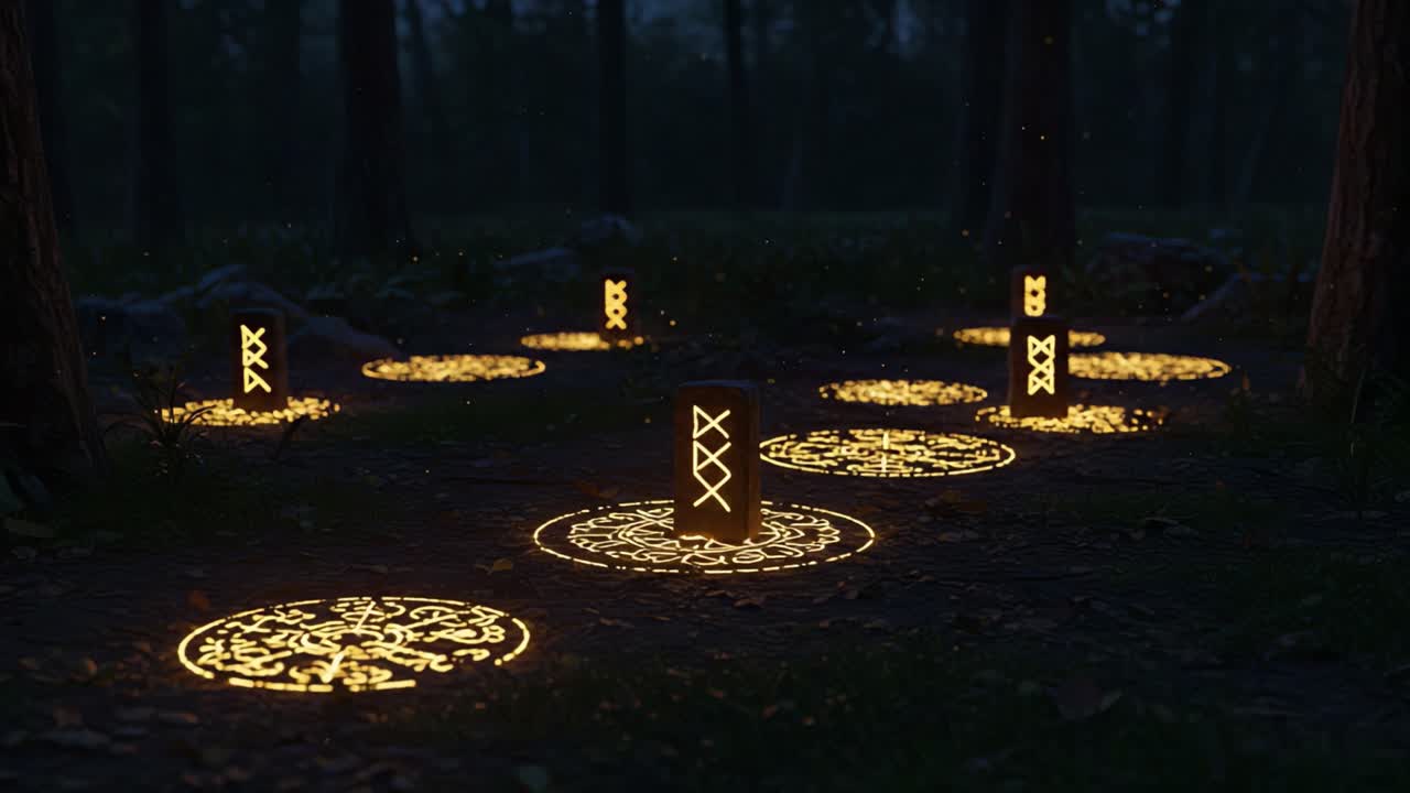 Enchanted Forest with Illuminated Runes: A Serene Scene of Mystical Symbols Glowing Amidst Nature's Tranquility at Dusk