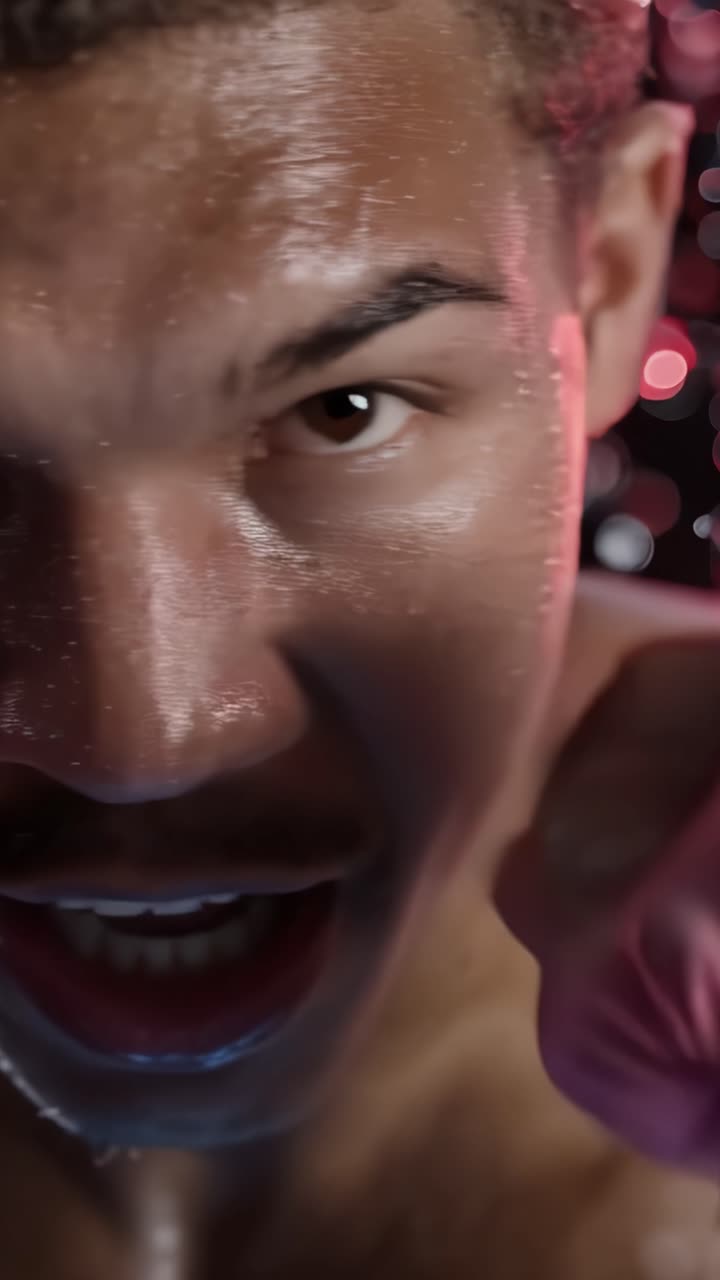 Intense close-up of a determined athlete showcasing raw emotion and focus, with droplets of sweat highlighting the intensity of a competitive moment during training
