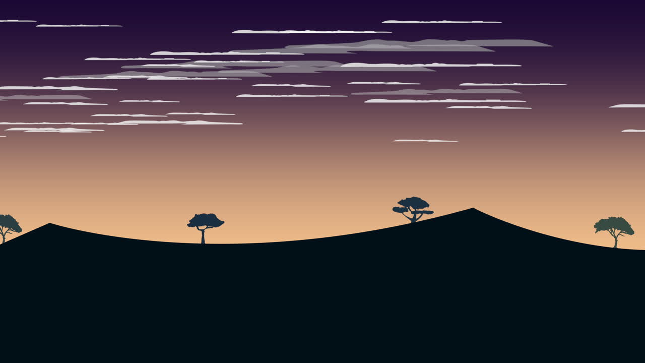 fondo de animación de dibujos animados con fondo abstracto de puesta de sol y montaña