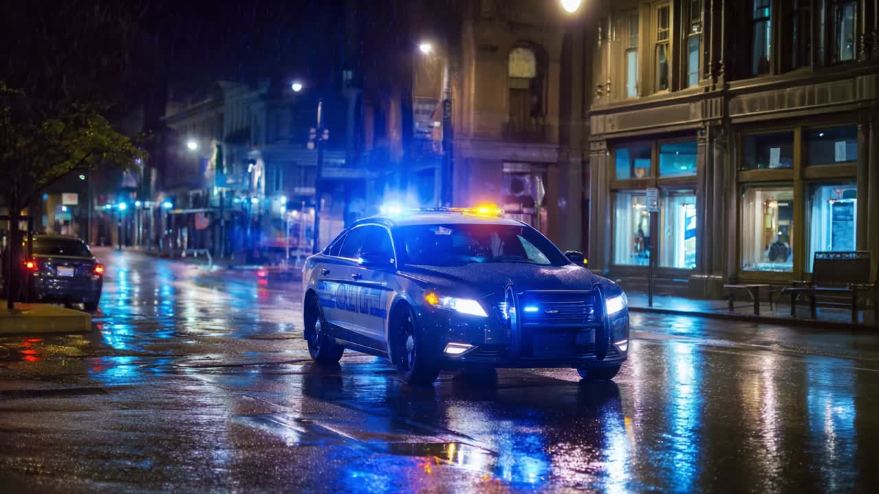 A Glimpse of Night Patrol: A Police Car Illuminated by Vibrant Lights, Reflecting on Wet Streets in a Quiet Urban Environment, Capturing the Essence of Law Enforcement in the City at Night