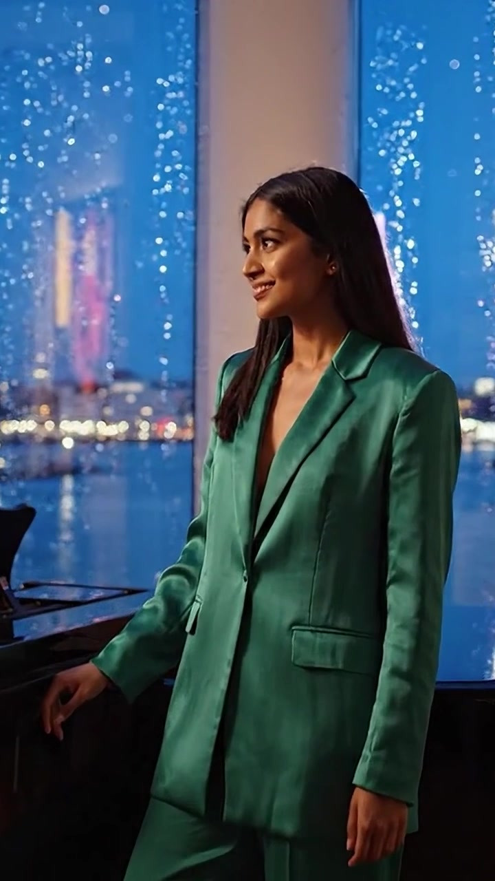 Elegante pianista con un traje verde estilizado mira pensativamente mientras está rodeado de luces escénicas de la ciudad y gotas de lluvia, creando una atmósfera cautivadora y artística.