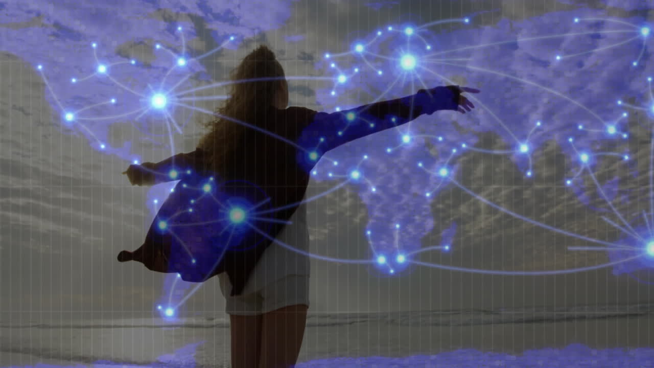 woman standing shoreline facing ocean, projecting global technology network map with glowing nodes