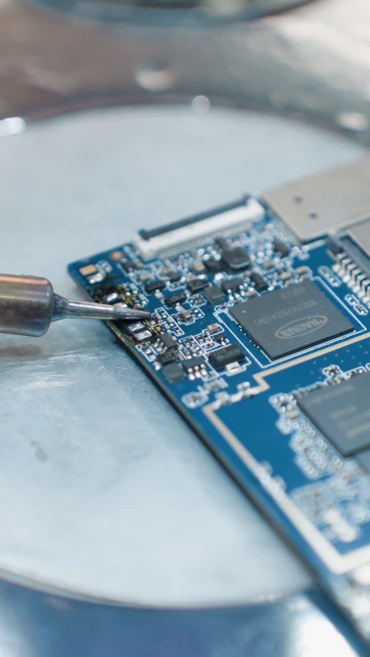 una vista de cerca de las manos con guantes de un técnico usando un soldador para trabajar en una placa de circuito azul bajo un microscopio