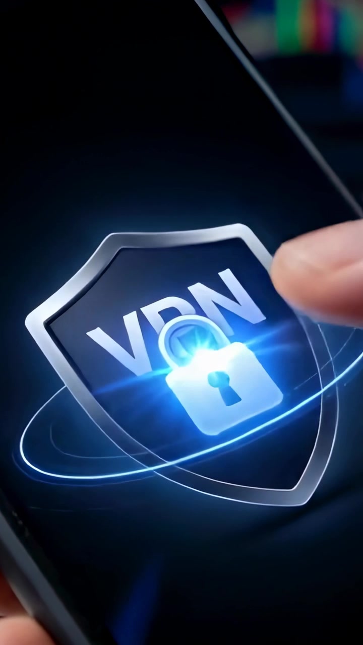Vertical video: Approaching finger tapping VPN shield and padlock on phone in dark, securing link