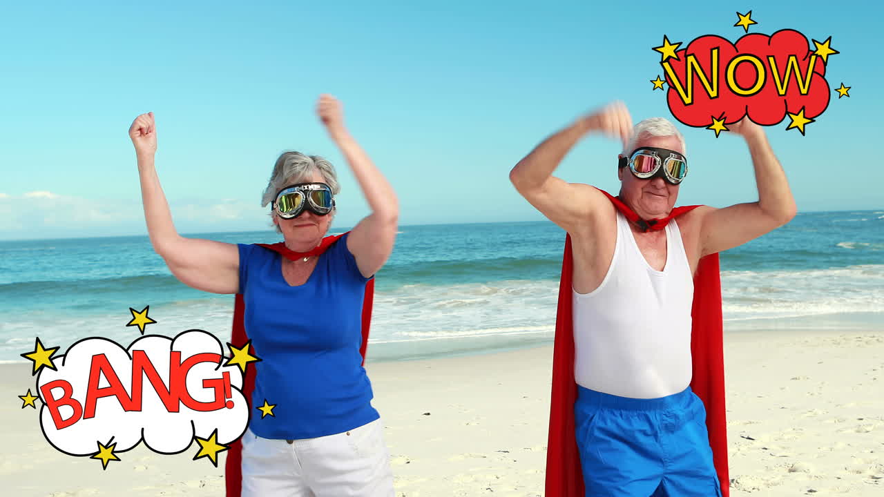 해변 4k에서 만화 스크립트의 애니메이션을 가진  ⁇ 은 부부