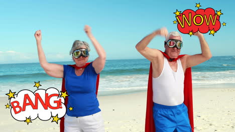 una pareja vieja con una animación de un guión de dibujos animados en la playa 4k
