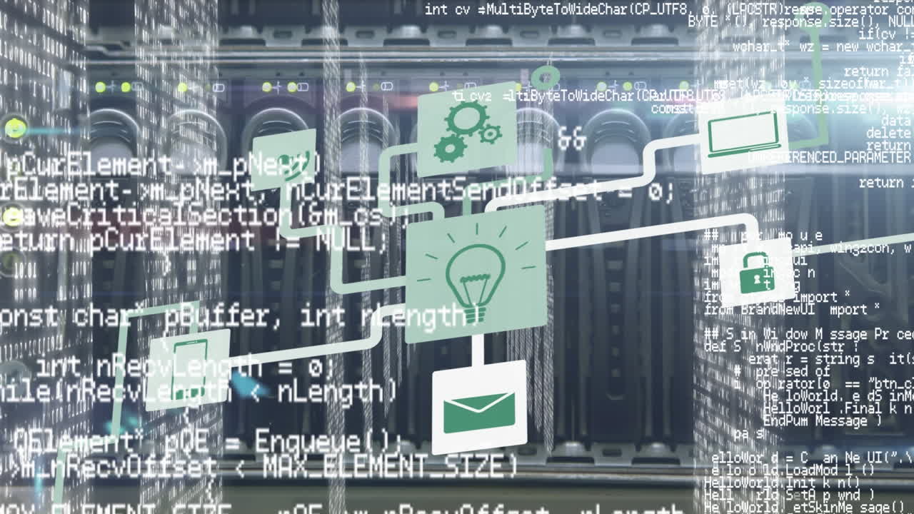 Animation of network of connections with icons and data processing over computer servers