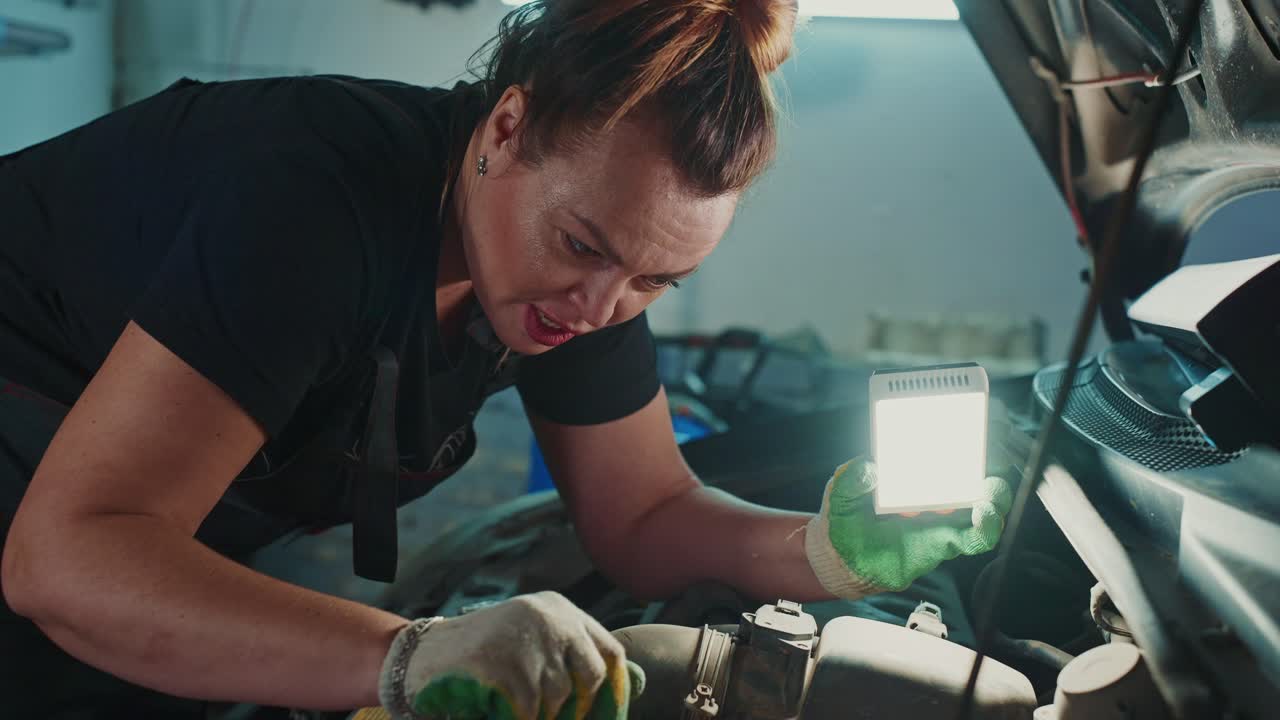 Woman Mechanic Inspecting a Car Engine