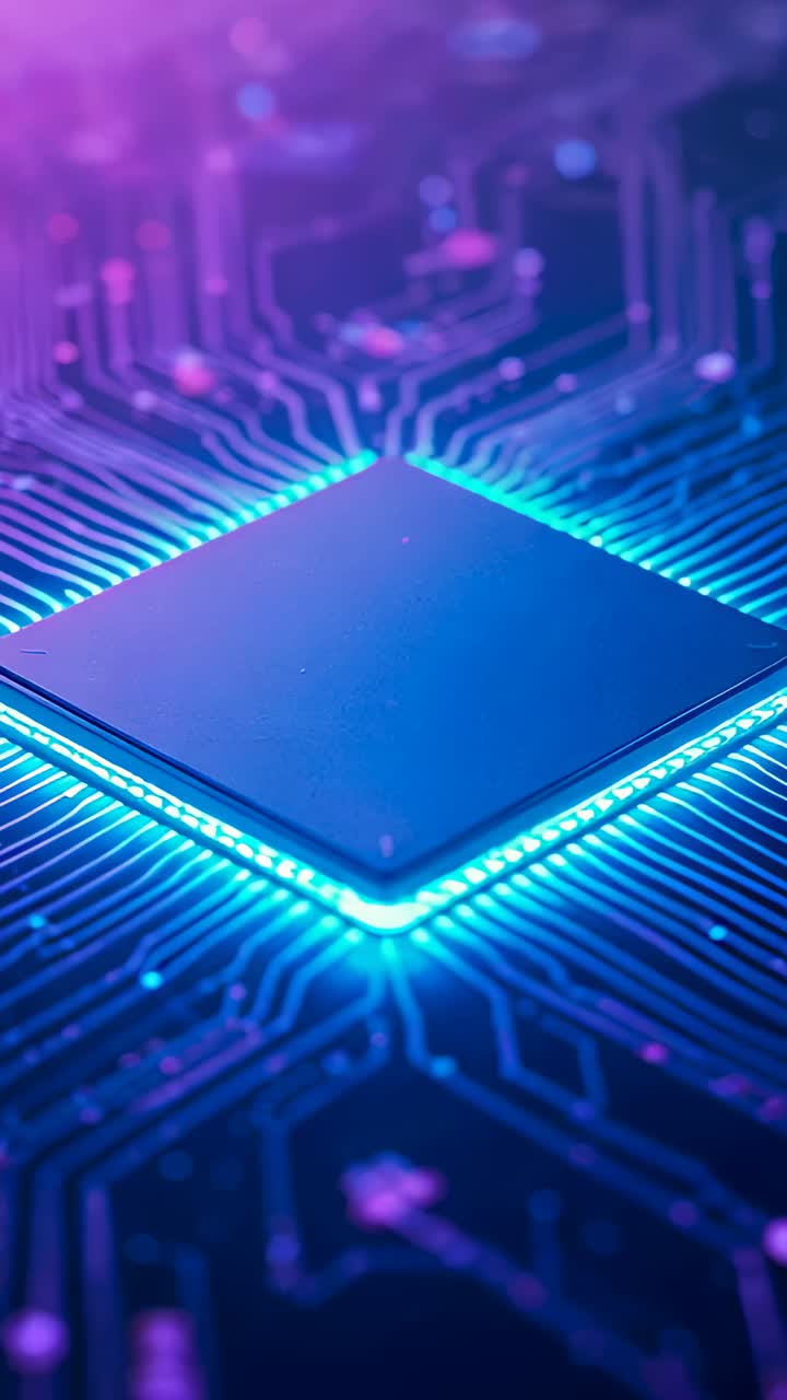 Vertical video: Starting playback, camera panning down, tilting to chip on PCB, showing glowing rim