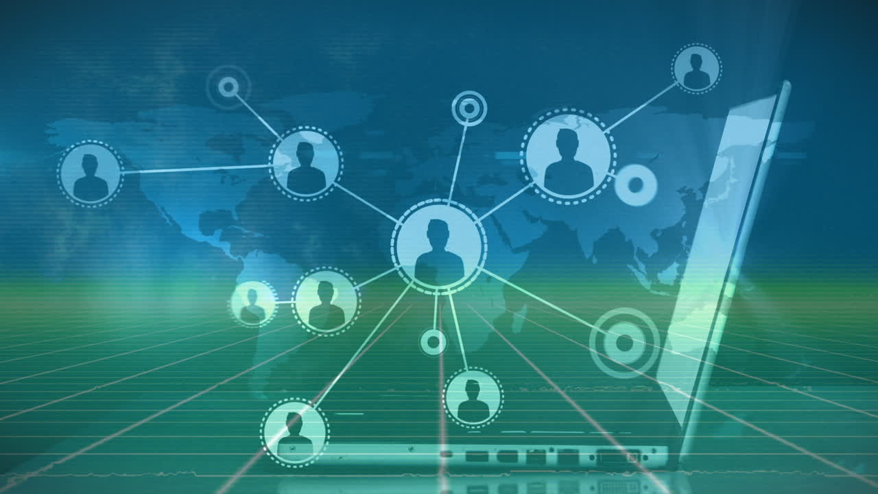 Animation of profile icon connecting dots, caucasian businesswoman working on laptop over field