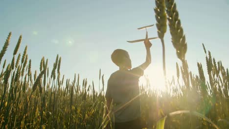 child playing with toy airplane in wheat field at sunset