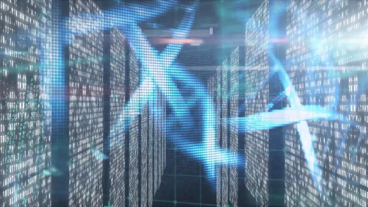 Animation of data processing over dna strands spinning