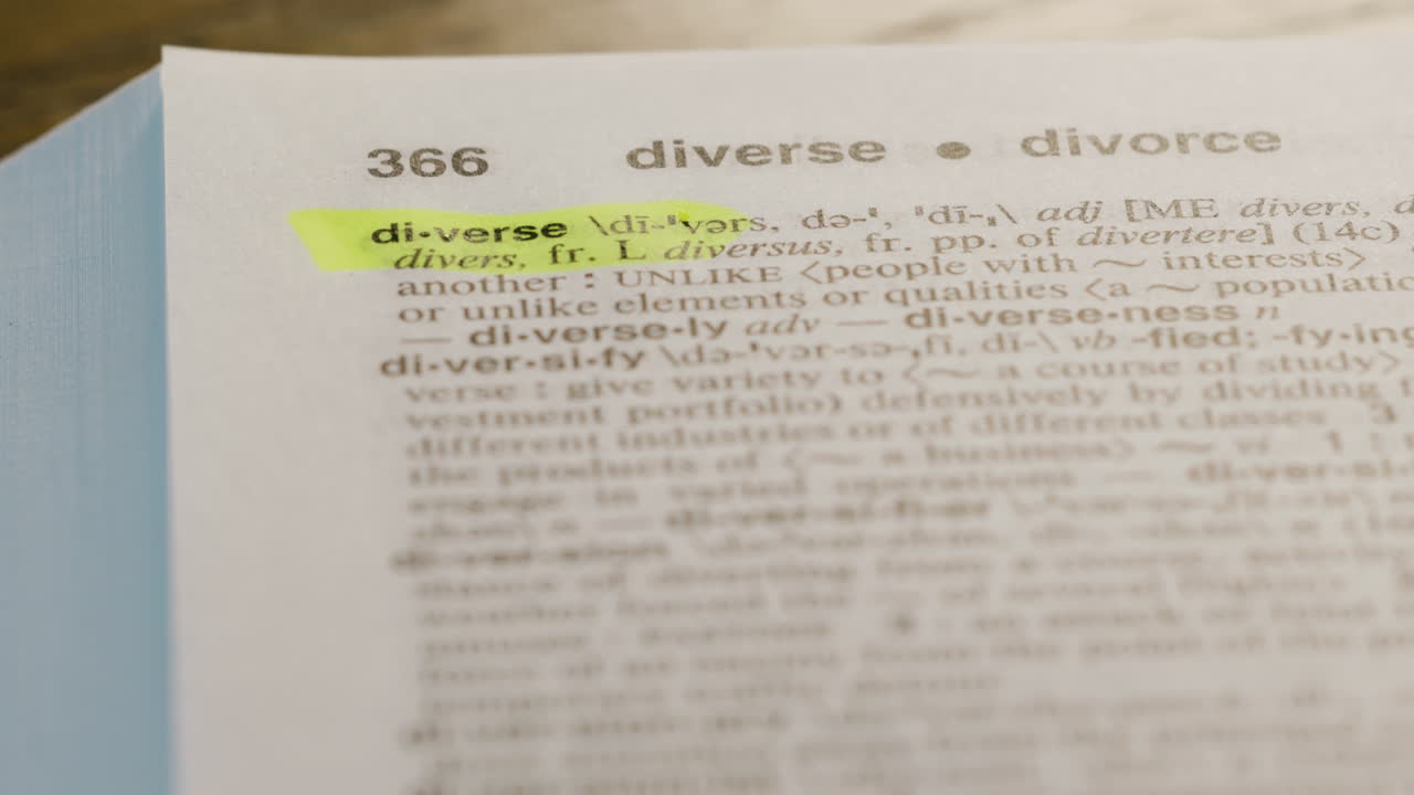 Diverse Dictionary Highlighter Concept, highlighting a word in a dictionary to show it's definition