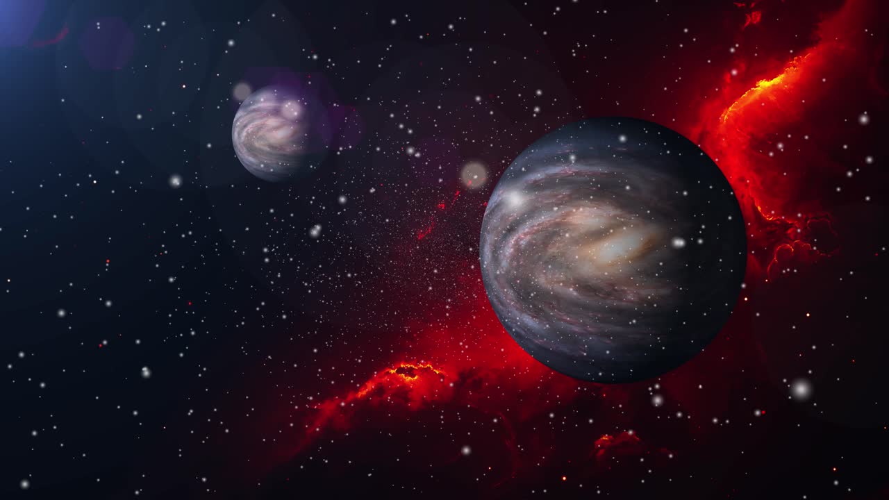 dos planetas con un fondo de nebulosa roja en el universo