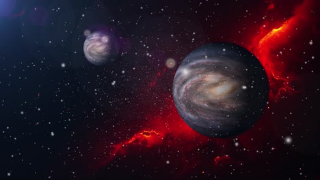 two planets with a red nebula background in the universe