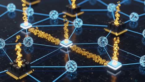 a detailed look into a digital network displaying connections and transactions with golden elements signifying value exchange and data transfer in a futuristic setting